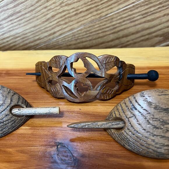 Vintage Carved Wooden Stick Bun Holder Cage Chignon MCM Long Hair Barrette - Picture 9 of 10